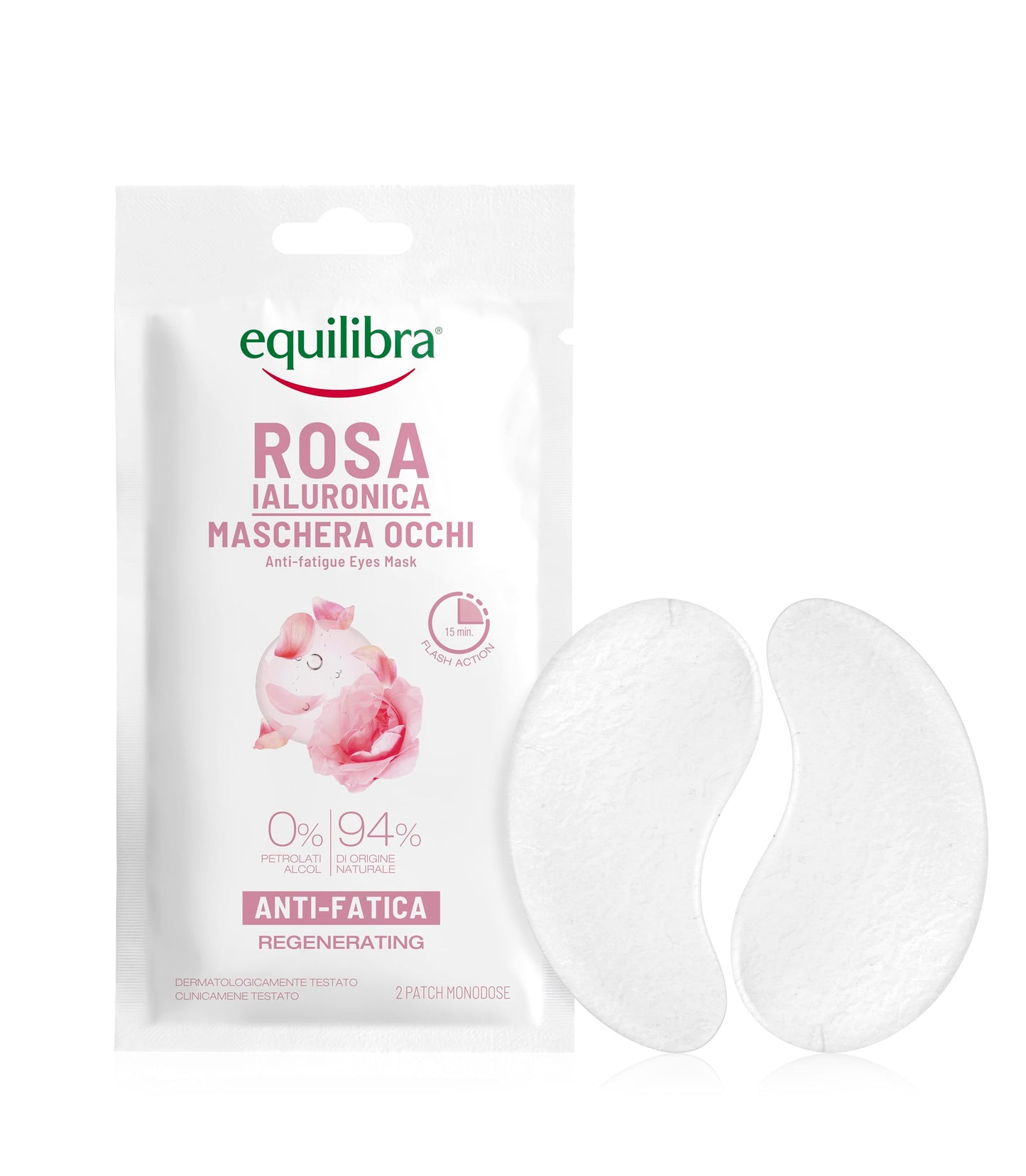 Equilibra, Patch Occhi, Azione Anti-fatica Contro Occhiaie e Borse, 2 Patch, con Estratto di Rosa Damascena, Acido Ialuronico ad Alto, Medio e Basso Peso, Caffeina, ed Estratto di Centella