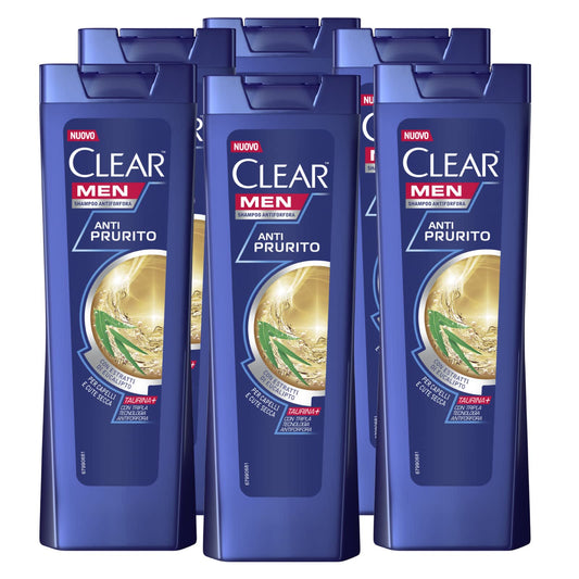 6x Clear Men Anti Prurito Shampoo Antiforfora Con Estratti di Eucalipto Lenisce la Cute e Dona Sollievo - 6 Flaconi da 225ml
