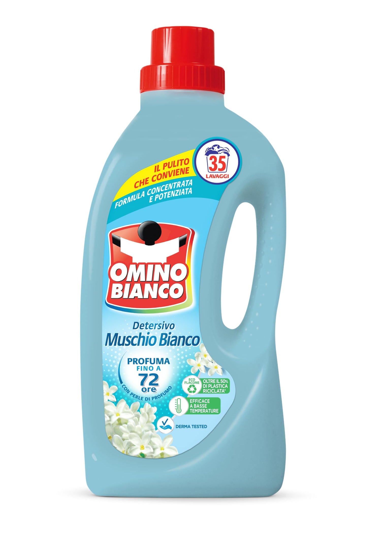 Omino Bianco - Detersivo Lavatrice Liquido, 35 Lavaggi, Rispetta Colori e Tessuti, Fresco Profumo con Essenza di Muschio Bianco, 1400 ml