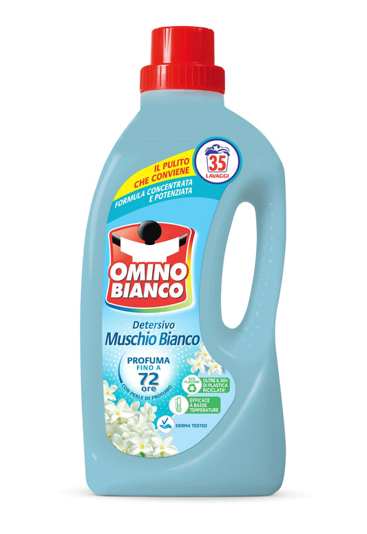 Omino Bianco - Detersivo Lavatrice Liquido, 35 Lavaggi, Rispetta Colori e Tessuti, Fresco Profumo con Essenza di Muschio Bianco, 1400 ml