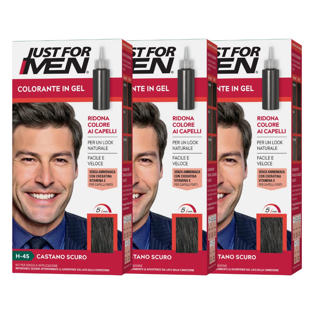 Just For Men Colorante In Gel, Tinta Semipermanente Per Capelli Uomo, Senza Ammoniaca, Con Cheratina E Vitamina E Per Capelli Forti, Colore Castano Scuro, H45 (3 Pack)