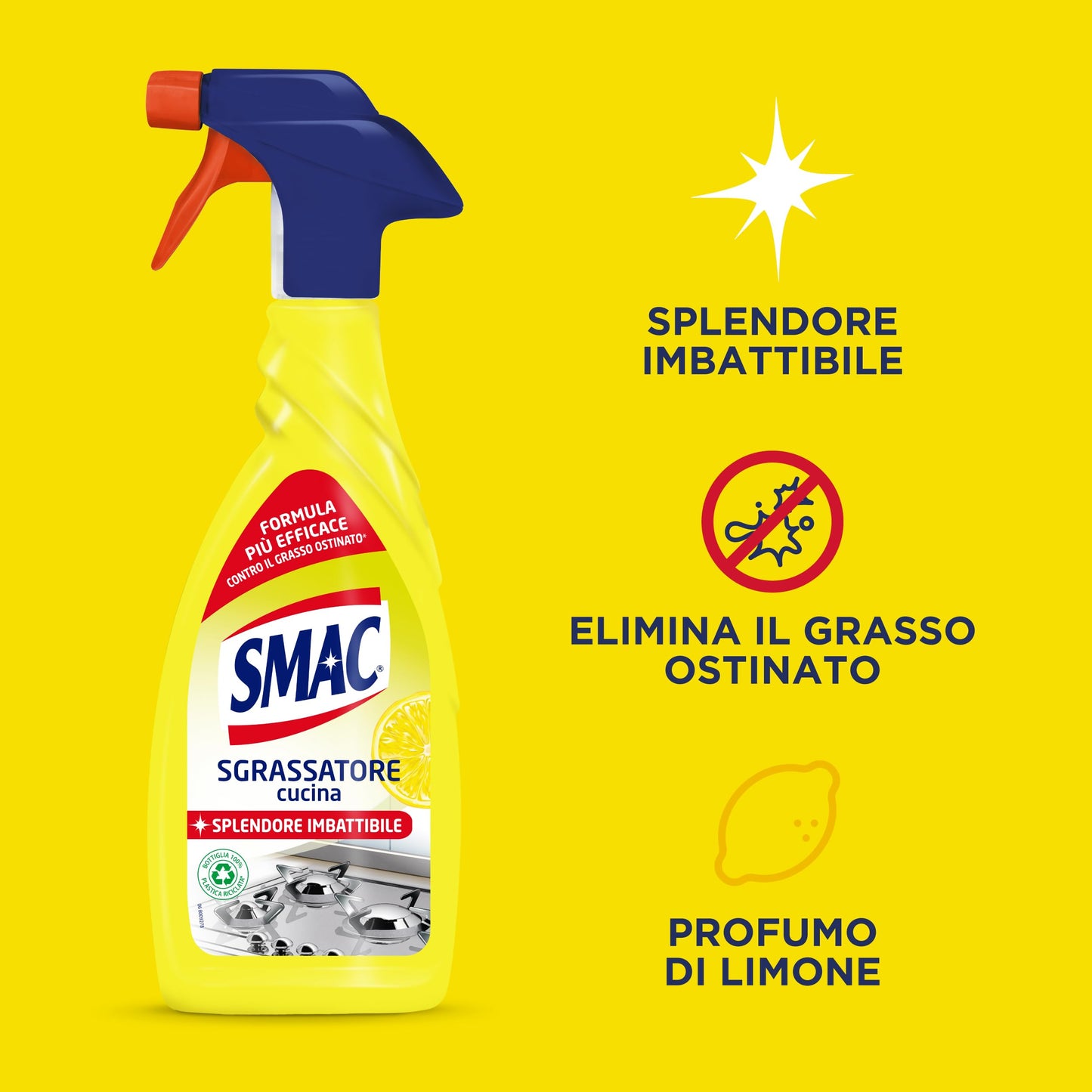 Smac - Sgrassatore Cucina al Limone, Detergente Spray Multisuperficie con Azione Sgrassante, Splendore Imbattibile, 650 ml x 4 Pezzi