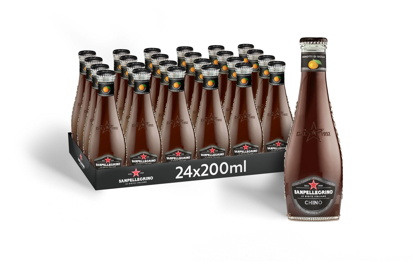 BIBITE SANPELLEGRINO, Chinò, Bevanda Gassata Analcolica, Gusto Chinotto - 24 bottiglie in vetro da 200ml