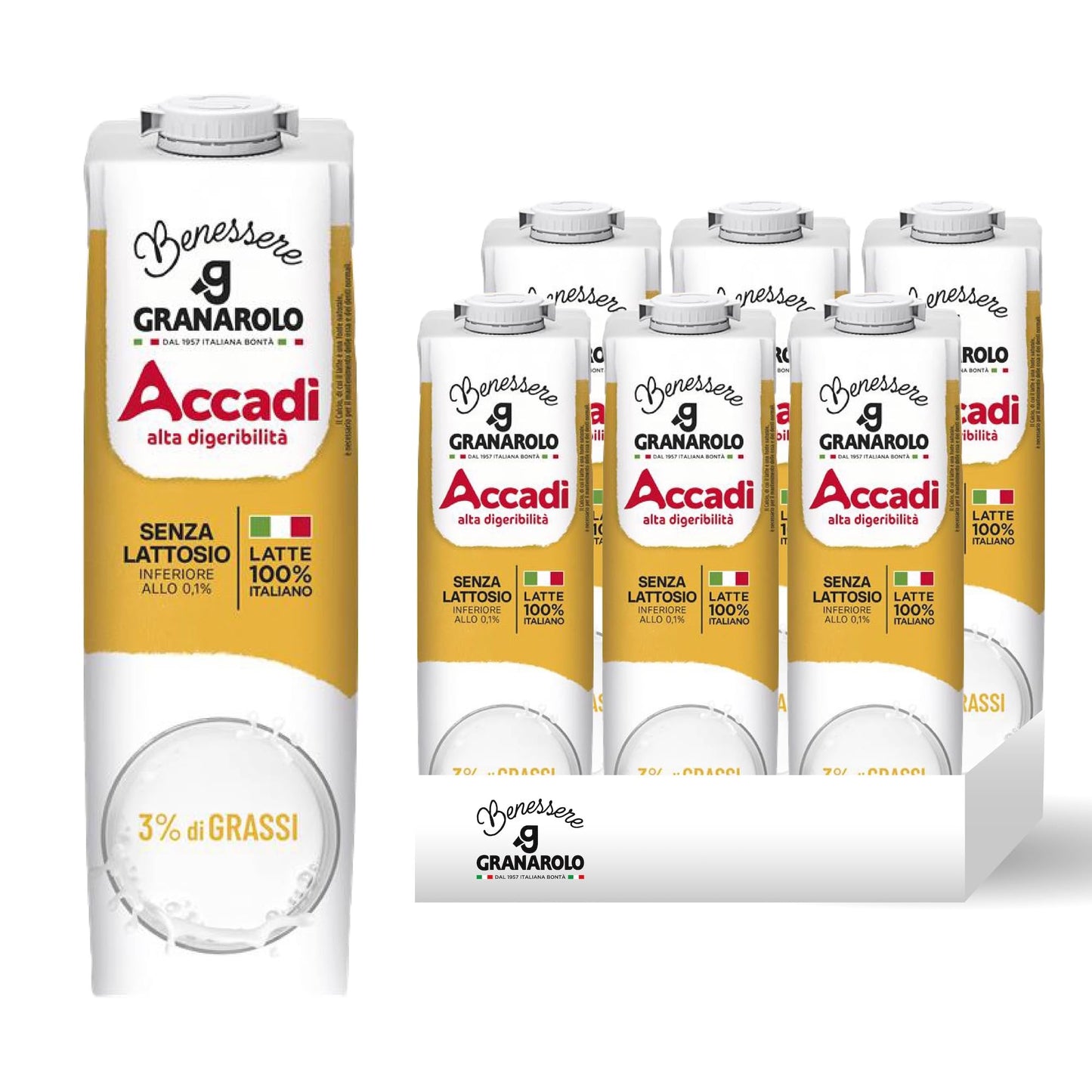 Granarolo, Latte UHT Accadì da 1 Litro, 6 Confezioni di Latte 100% Italiano Senza Lattosio (<0,1%) e con 3% di Grassi