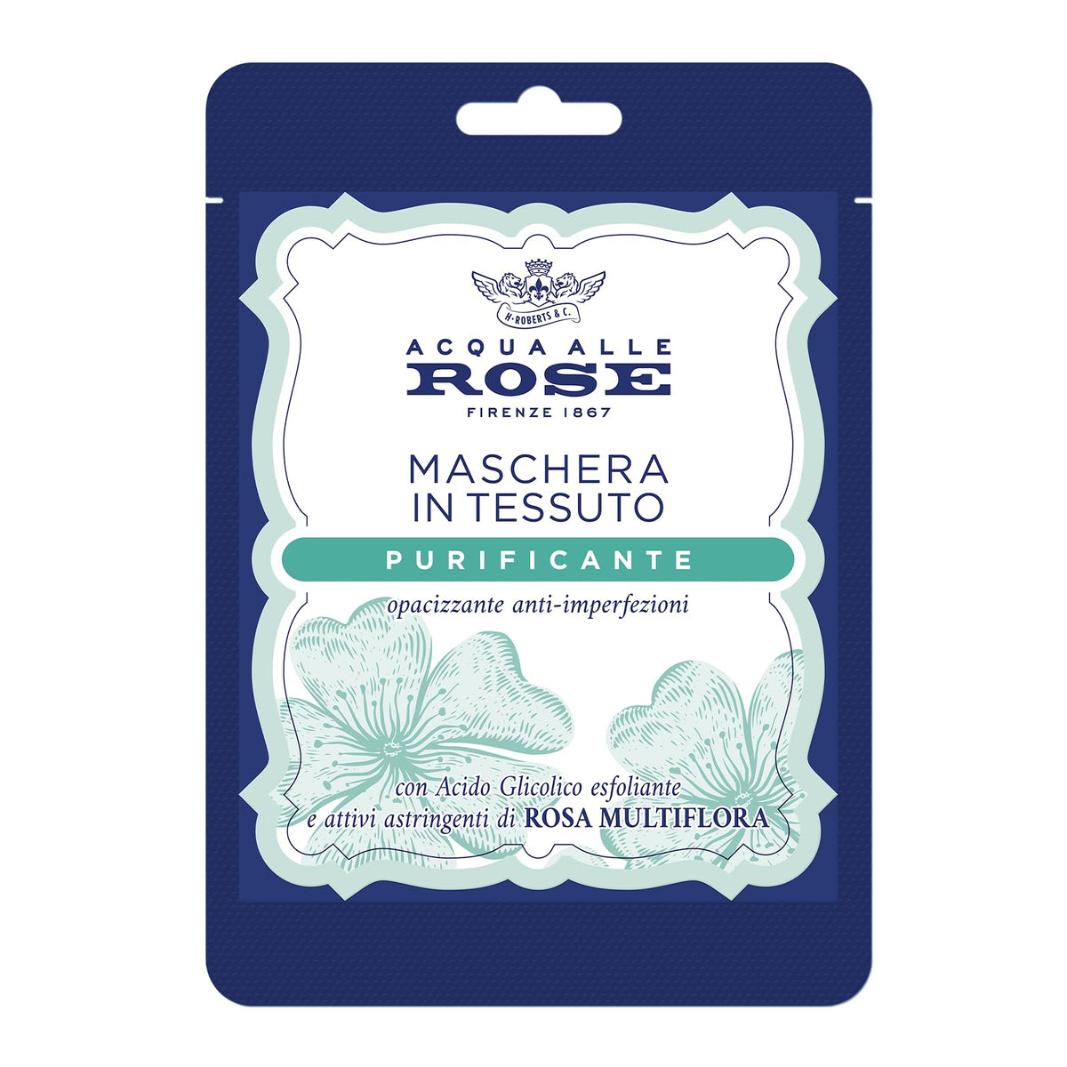 Acqua alle Rose, Maschera Viso in Tessuto Purificante con Attivi Astringenti di Rosa Multiflora e Acido Glicolico, Azione Opacizzante Anti-Imperfezioni, Riduce la Dimensione e Aspetto dei Pori 1PZ