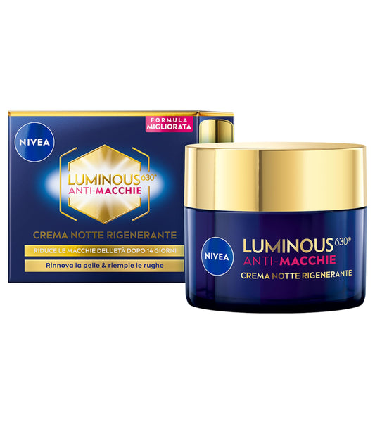 NIVEA Luminous630 Anti-Macchie Crema Notte Rigenerante 50 ml, Crema viso antirughe e antimacchia, Crema viso Acido Ialuronico e Thiamidol brevettato, Crema antimacchie viso per una pelle rinnovata