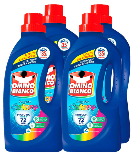 Omino Bianco - Detersivo Lavatrice Liquido Color+, Specifico per Capi Colorati, Tecnologia Salva i Colori e Cattura il Grigiore, 35 Lavaggi, 1400 ml x 4 Flaconi