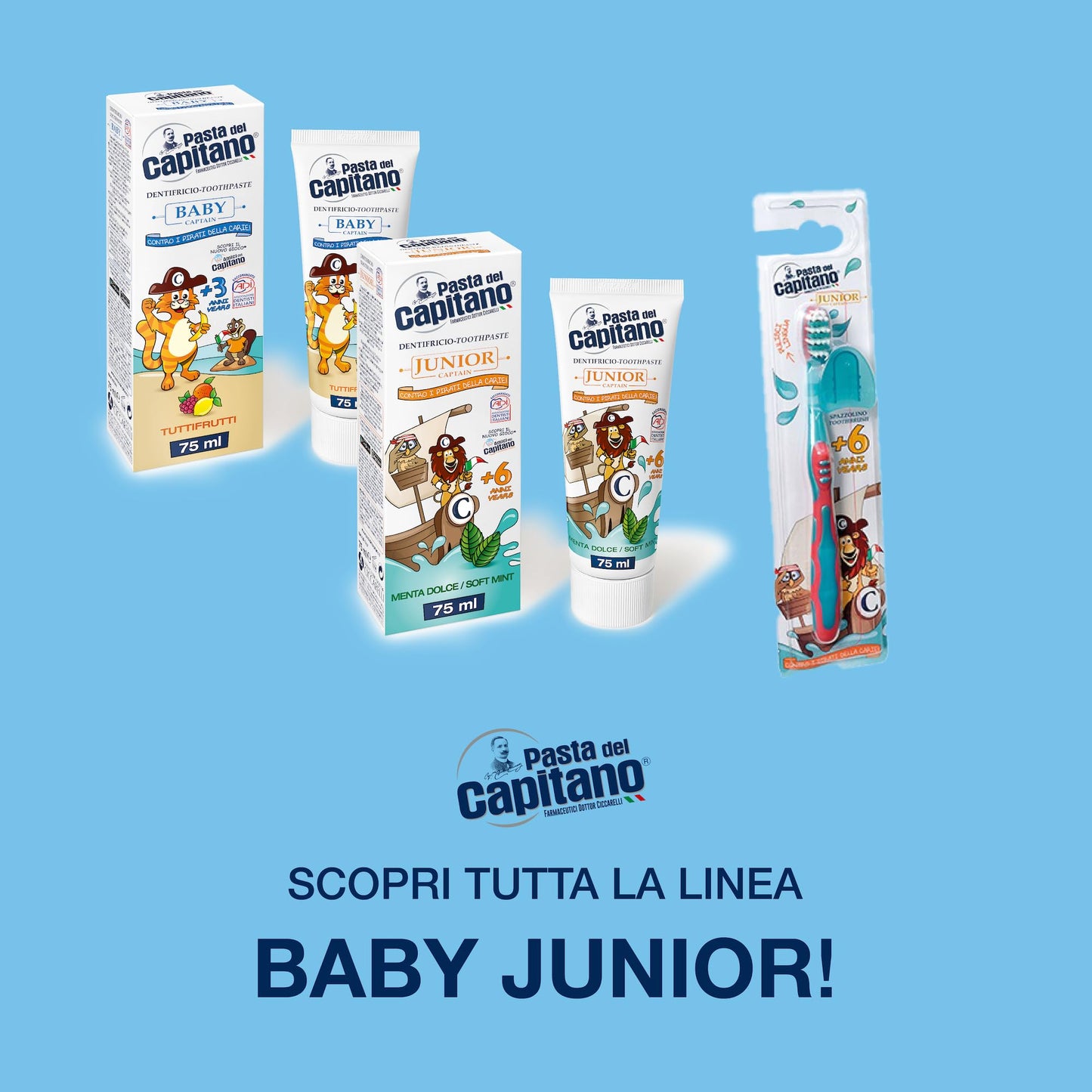 Pasta del Capitano, Spazzolino Baby, Garantisce un'Accurata Pulizia dei Denti Senza Danneggiare lo Smalto, Ideale per Bambini a Partire dai 3 Anni di Età, 100% Made in Italy