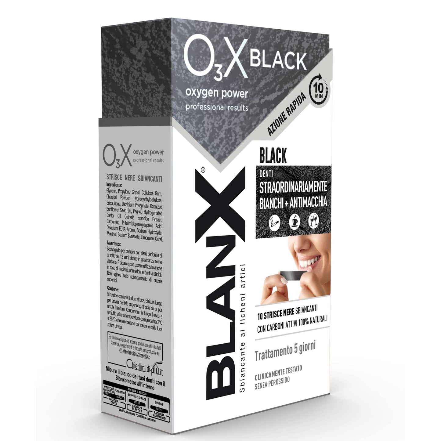 BlanX, 10 Strisce per lo Sbiancamento dei Denti e Antimacchia OX3 Black, con Carboni Attivi 100% Naturali, Denti Straordinariamente Bianchi, Luminosi e Senza Macchia