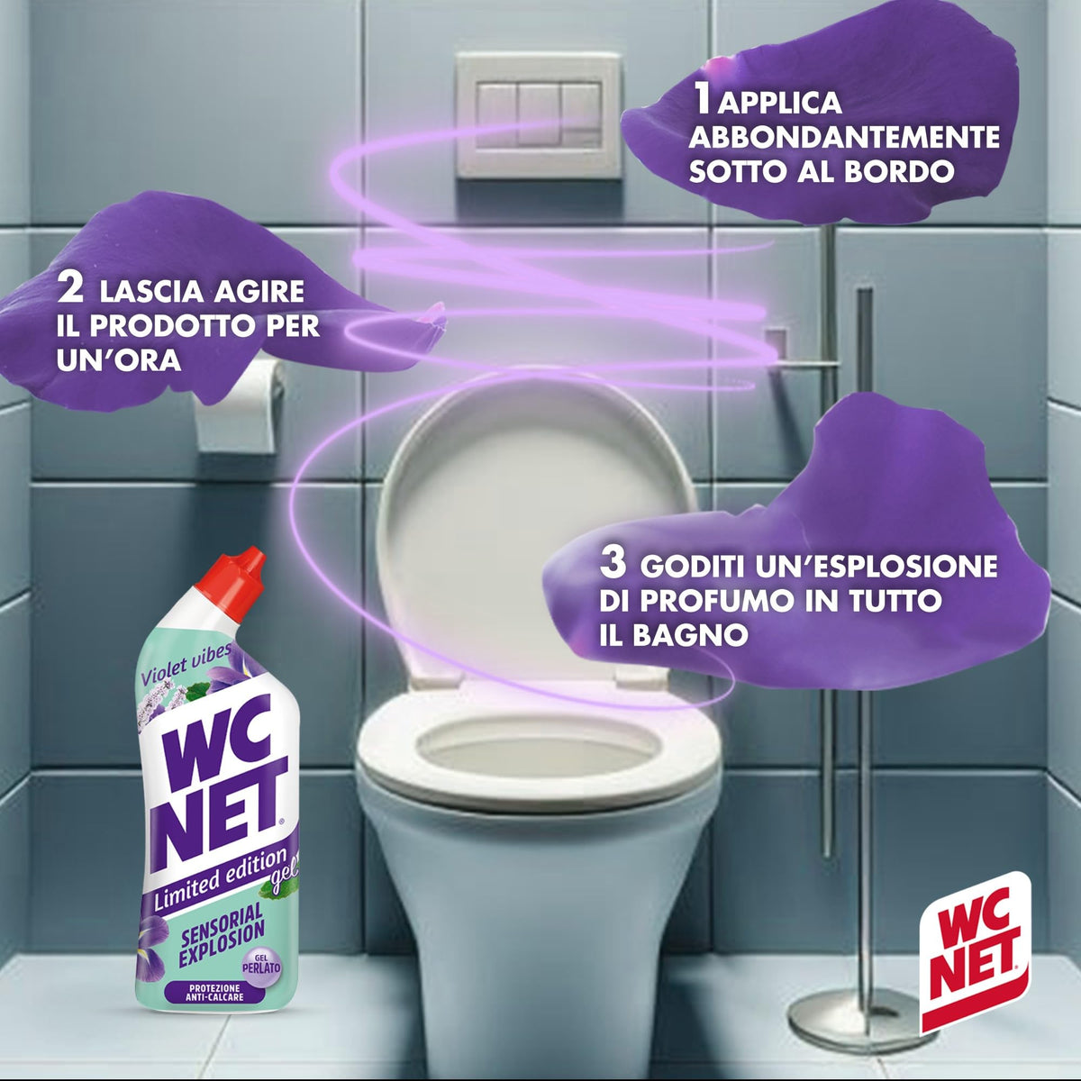 Wc Net - Limited Edition Violet Vibes, Detergente Liquido per Sanitari, Essenza Iris Viola e Patchouli, Prevenzione Calcare e Igienizzante per WC, 700 ml x 4 Confezioni