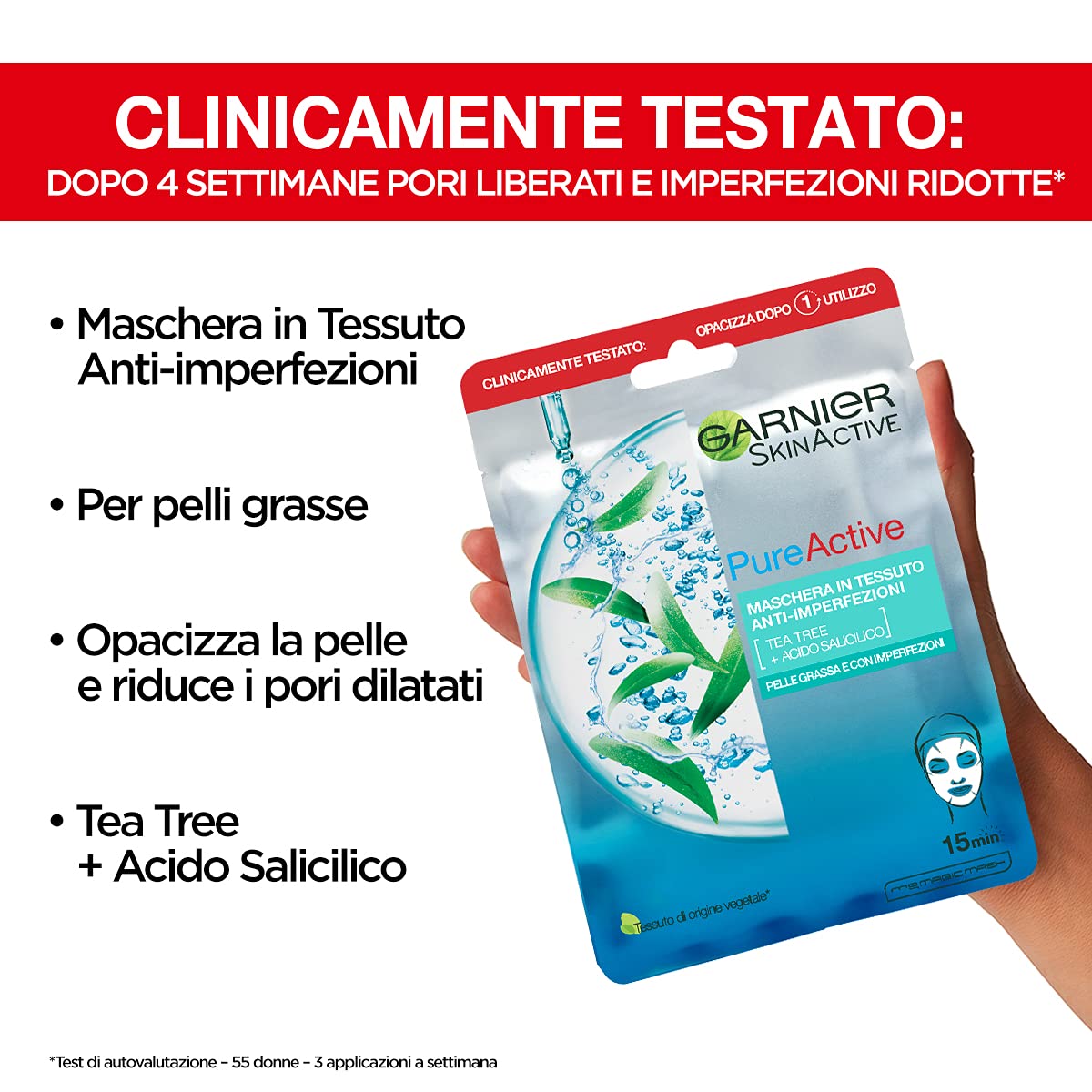 Garnier SkinActive, Maschera in tessuto anti-imperfezioni e idratante Pure Active, Per pelli grasse con imperfezioni, Confezione da 5