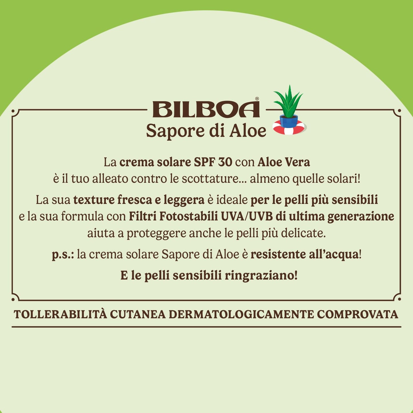 Bilboa Sapore di Aloe Latte Solare SPF 30, con Aloe Vera, Musica per le Pelli Sensibili, Resistente all'Acqua, Dermatologicamente Testato - 200 ml
