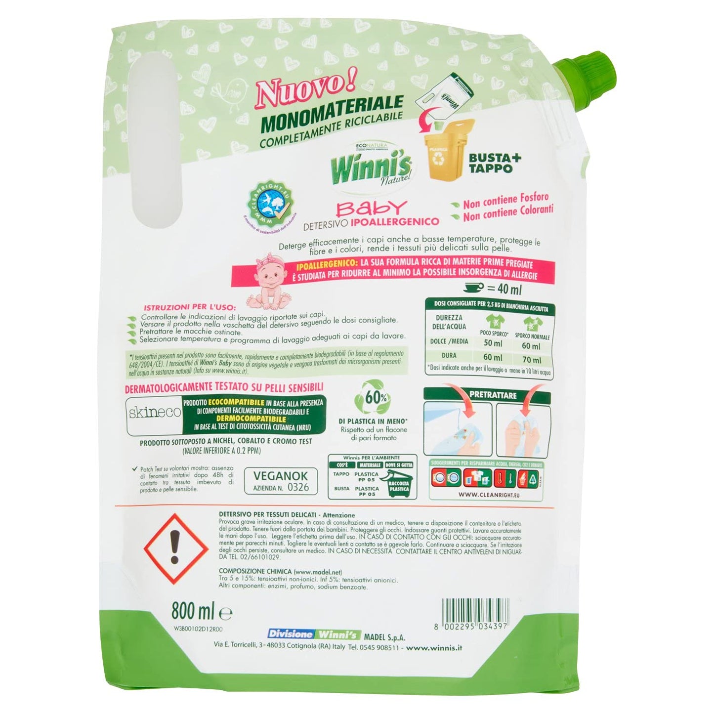 WINNI'S LIQUIDO LAVATRICE BABY 2 IN 1 ECO RICARICA 800ML