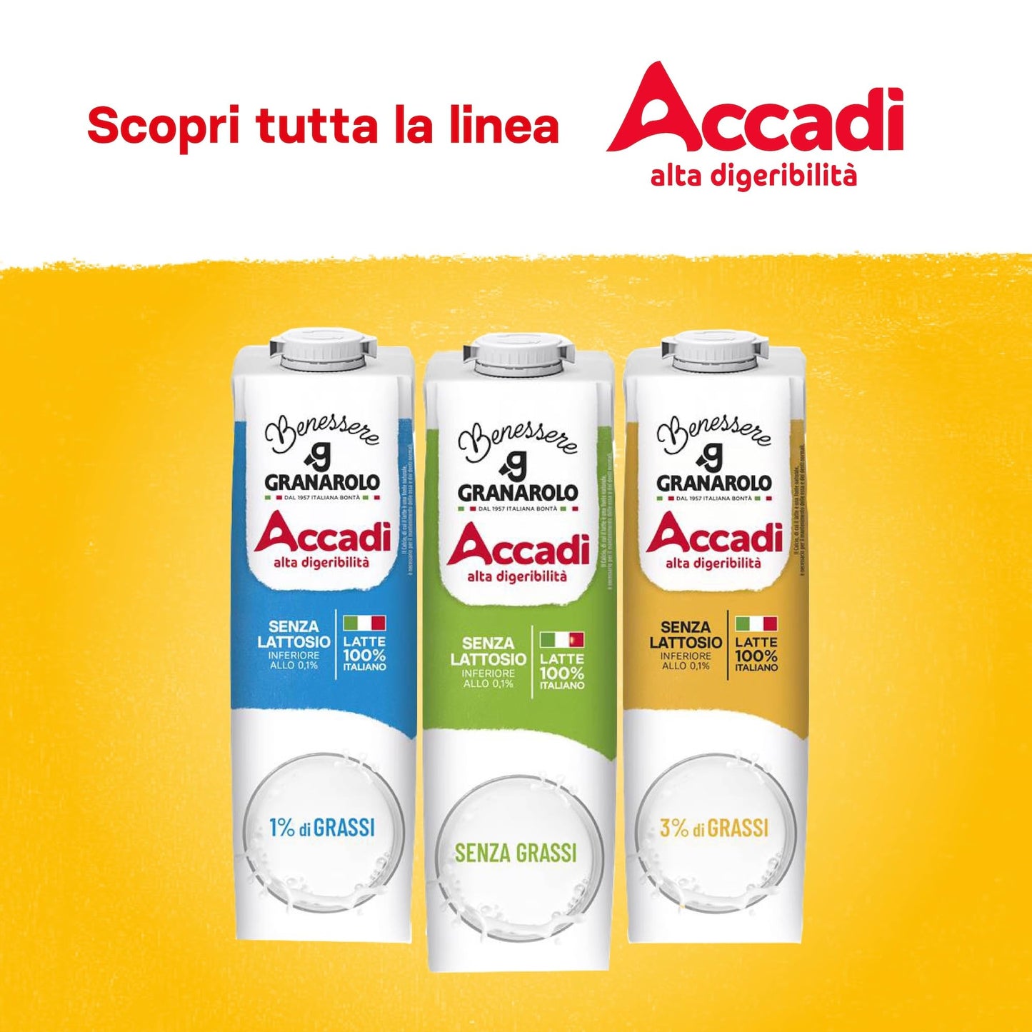 Granarolo, Latte UHT Accadì da 1 Litro, 6 Confezioni di Latte 100% Italiano Senza Lattosio (<0,1%) e con 3% di Grassi