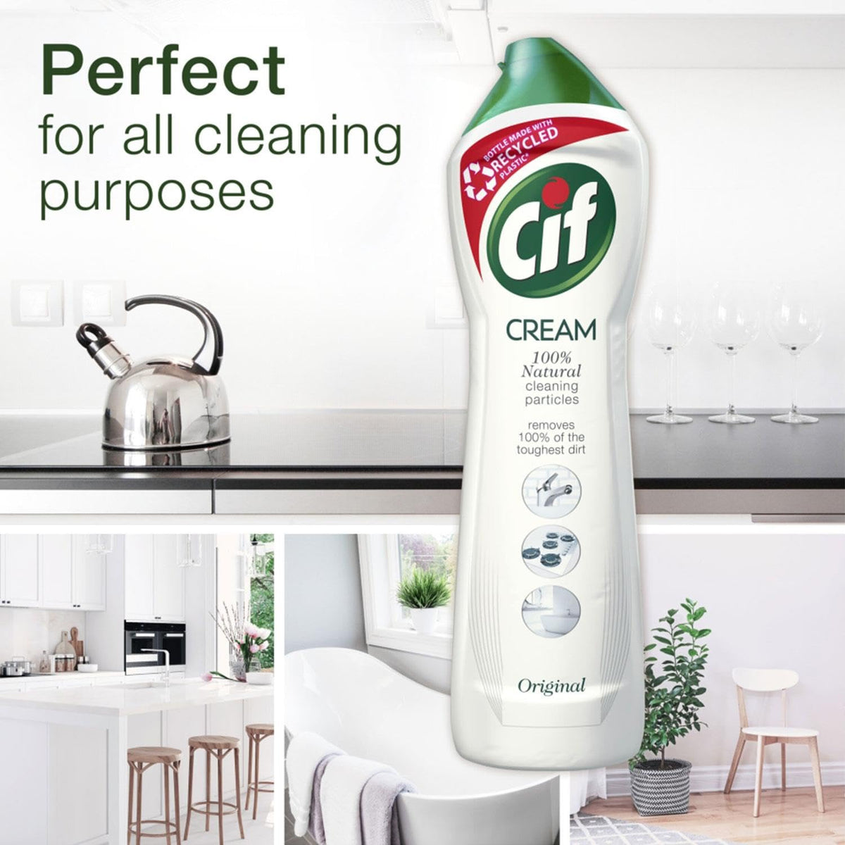 Cif Detergente multiuso originale Cream arricchito con un fresco profumo di mare, realizzato con particelle di pulizia naturali al 100% per una pulizia delicata e affidabile, multipli