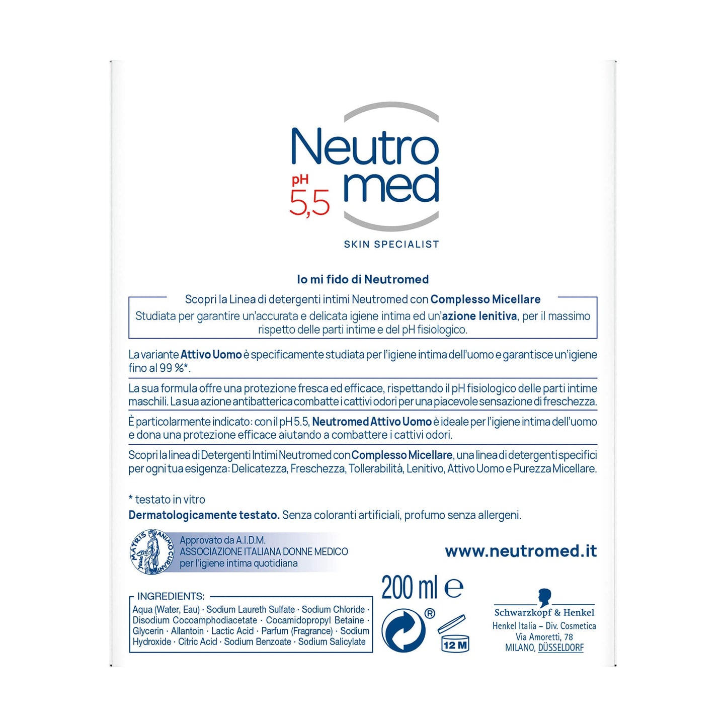 Neutromed Detergente Intimo Attivo per Uomo, con Complesso Micellare, Azione Protettiva, pH 5.5, 12 Pezzi x 200 ml