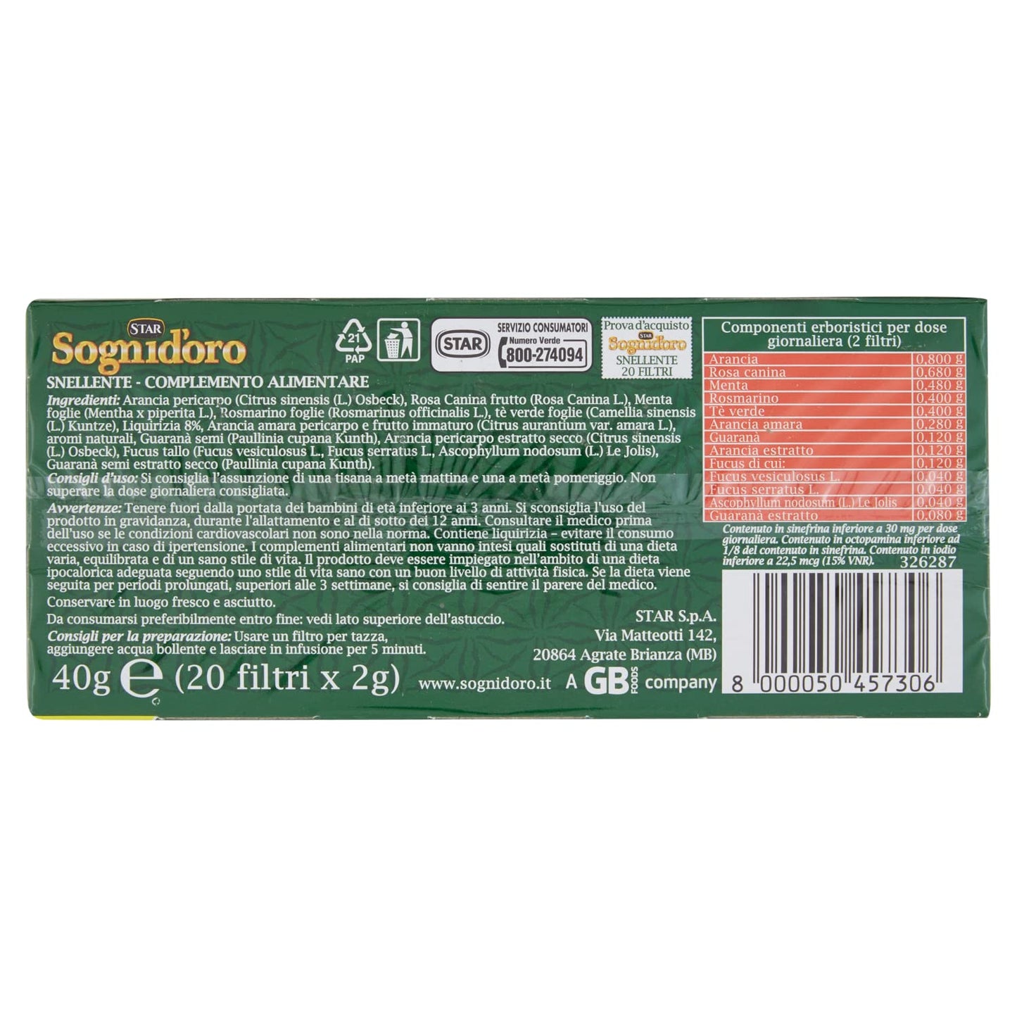 Sognid'oro - Tisana Snellente , con Te' Verde, Guarana' e Liquirizia, 20 filtri - 40 g