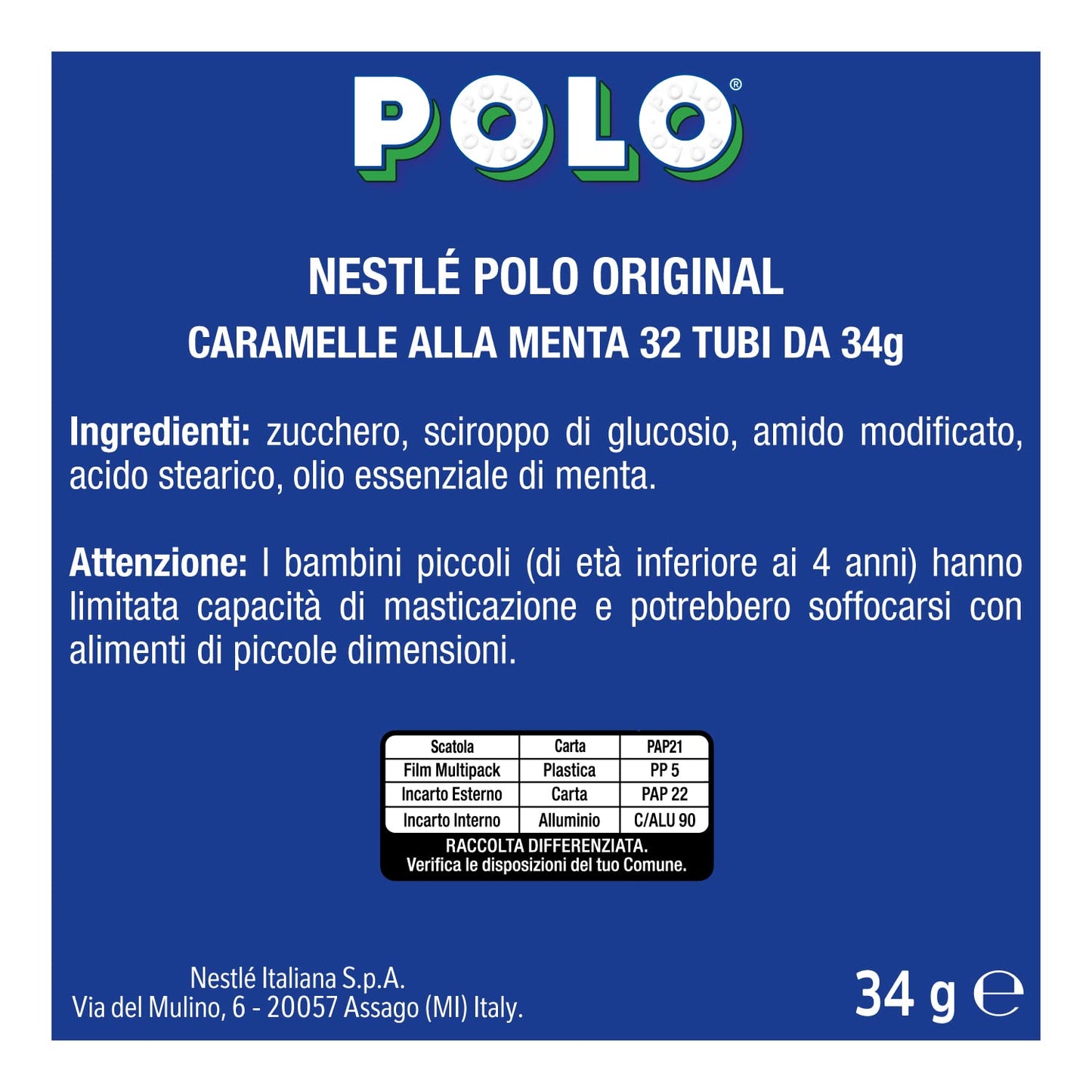 POLO Original Caramelle alla Menta, 32 tubi da 34g (1,088kg)