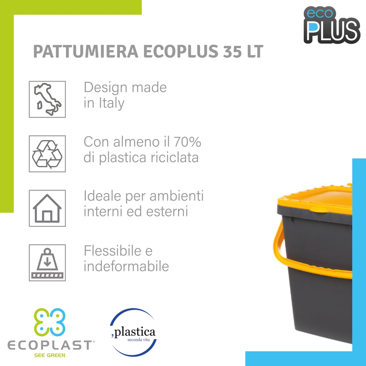 Ecoplast | Pattumiera per Raccolta Differenziata 35 Lt, Bidone Spazzatura in Plastica Riciclata, Giallo, 43x36x43,5, Made in Italy