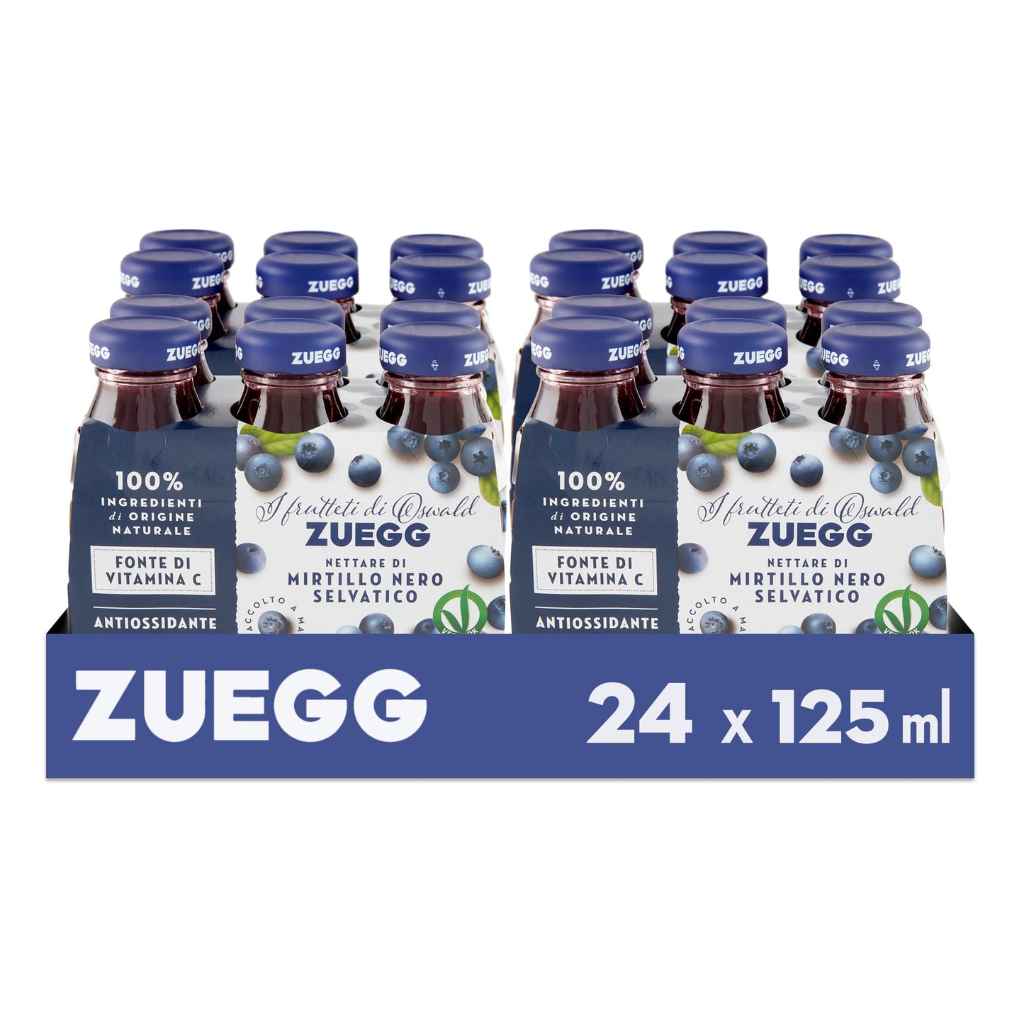 Zuegg Succo di Frutta Nettare di Mirtillo Nero Selvatico in Bottiglia di Vetro (125Ml), Linea Benessere - Fonte di Vitamina C, Frutta 40% Minimo (4 confezioni da 6x125Ml, 24 pezzi)