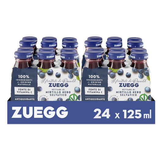 Zuegg Succo di Frutta Nettare di Mirtillo Nero Selvatico in Bottiglia di Vetro (125Ml), Linea Benessere - Fonte di Vitamina C, Frutta 40% Minimo (4 confezioni da 6x125Ml, 24 pezzi)
