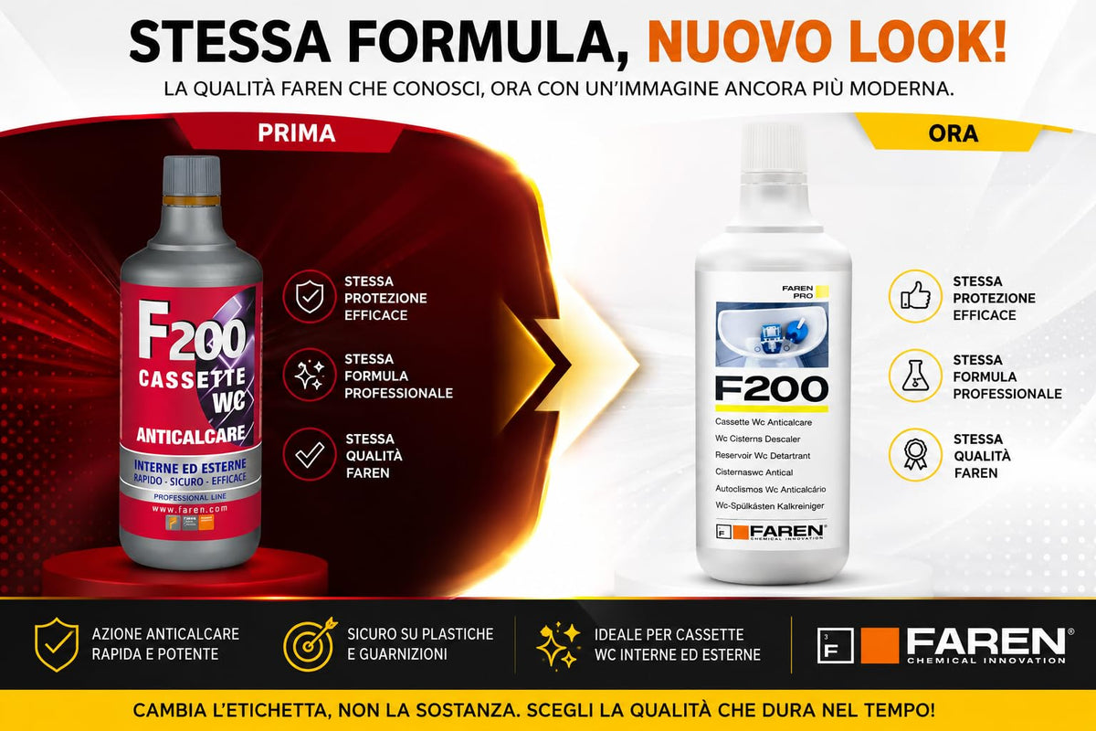FAREN, Disincrostante Anticalcare F200, Elimina Incrostazioni di Calcare dalle cassette di scarico, Sicuro su Plastiche e Gomme, Efficiente ed Economico, 1lt (12pz)