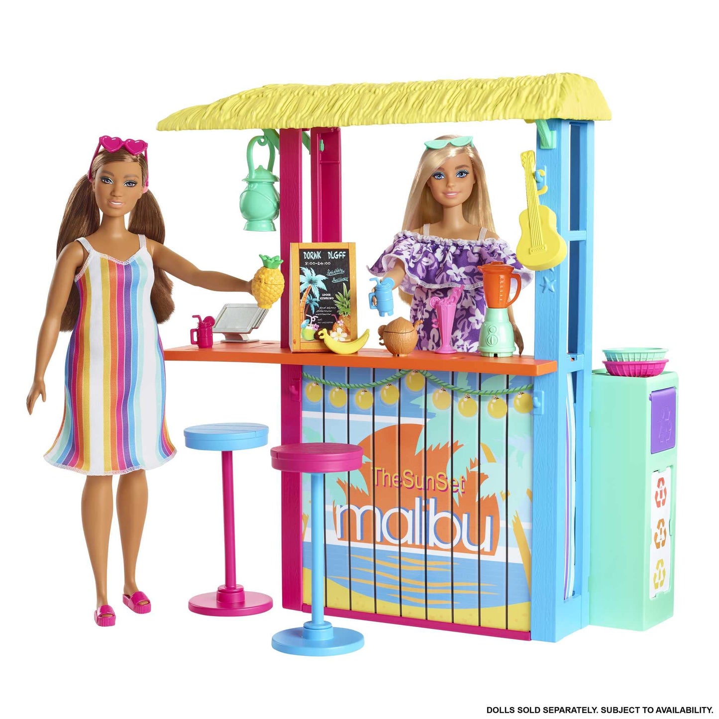 Barbie- Chiosco da Spiaggia di Malibù con 2 Sedute per Bambole e Tanti Accessori, Giocattolo per Bambini 3+Anni, GYG23