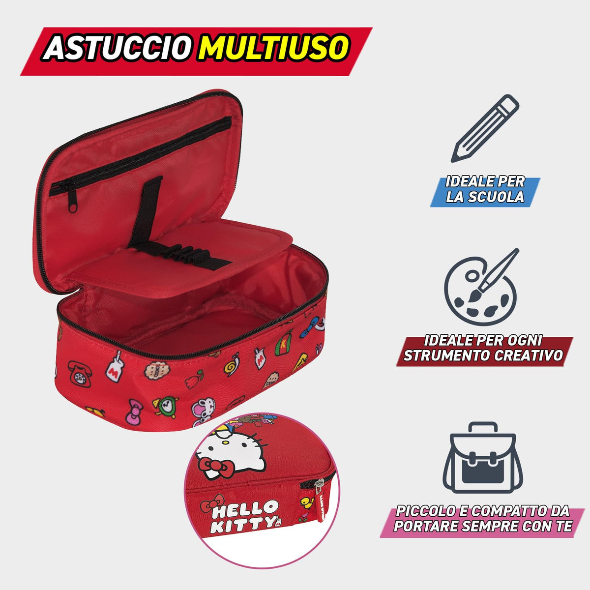 HELLO KITTY- Astuccio Scuola Ufficiale Hello Kitty, Astuccio Ovale Organizzato per Bambini, Ideale per Riporre la Cancelleria, con Divisorio Interno e Passanti Elastici, Pratica Chiusura a Zip