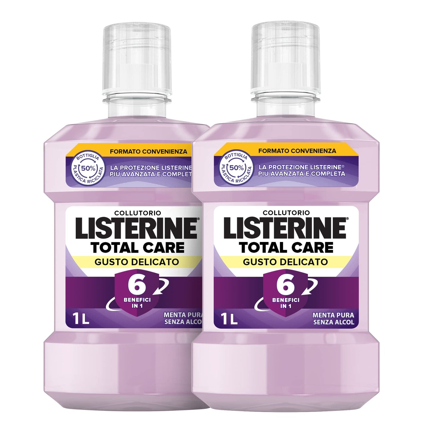 LISTERINE Collutorio, Total Care, Gusto Delicato, 6 Benefici in 1, Menta Delicata, Zero Alcol, Alito fresco - 2 x 1 L