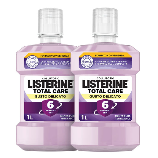 LISTERINE Collutorio, Total Care, Gusto Delicato, 6 Benefici in 1, Menta Delicata, Zero Alcol, Alito fresco - 2 x 1 L