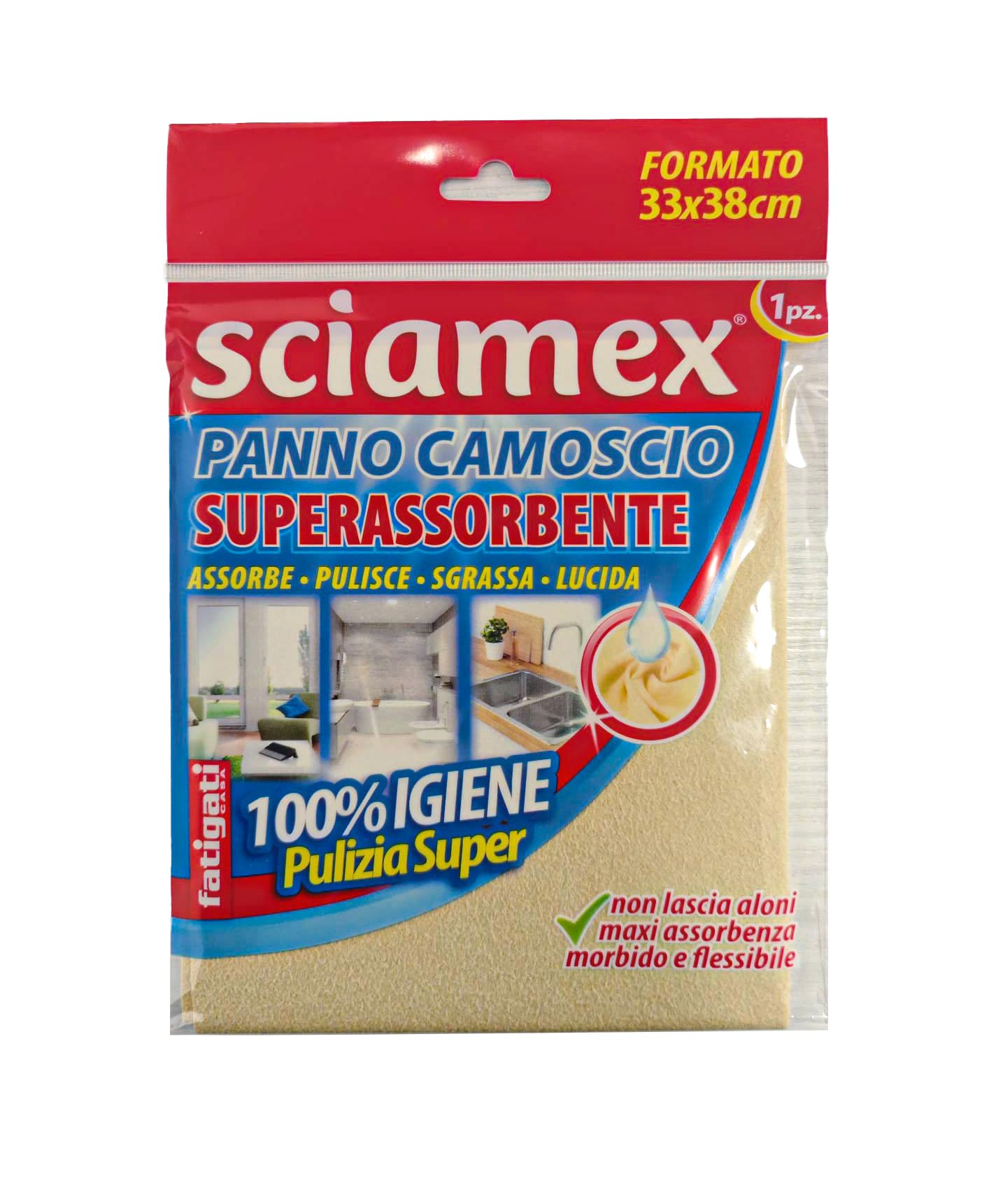 Sciamex Panno Camoscio Superassorbente 3 pezzi, 33x38cm, Assorbe, Pulisce, Sgrassa, Lucida