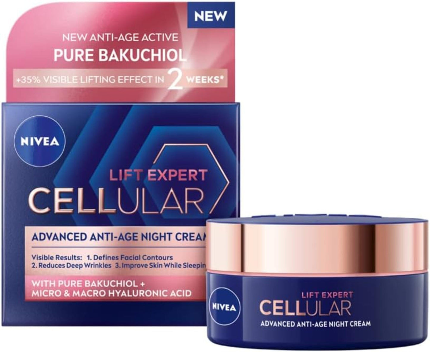 NIVEA CELLULAR EXPERT LIFT Crema Notte Anti-età Multidimensionale 50 ml, Crema viso notte con Bakuchiol Puro e 2 tipi di Acido Ialuronico, Crema antirughe da notte