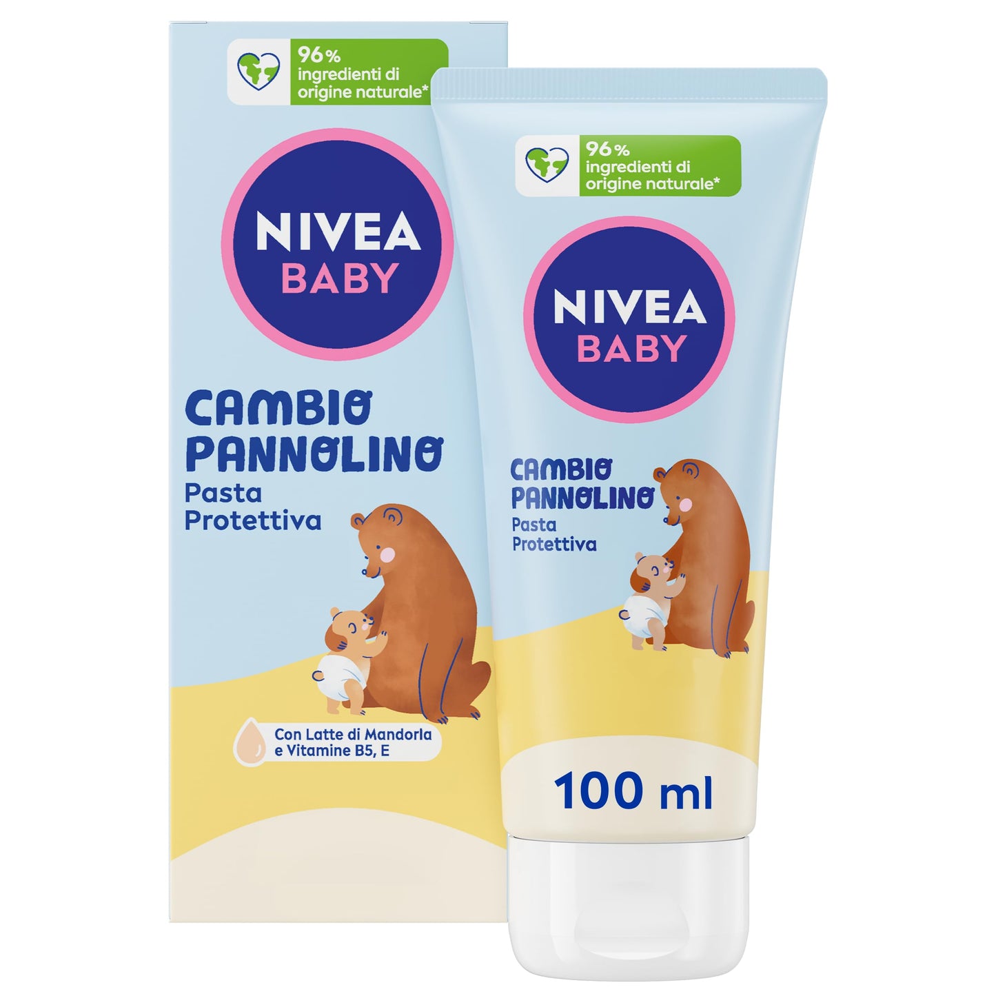 NIVEA BABY Cambio Pannolino Pasta Protettiva 100ml, Crema cambio pannolino lenitiva ed emolliente, Pasta cambio pannolino con Latte di Mandorla e Vitamine, Crema corpo neonato per una protezione 12h