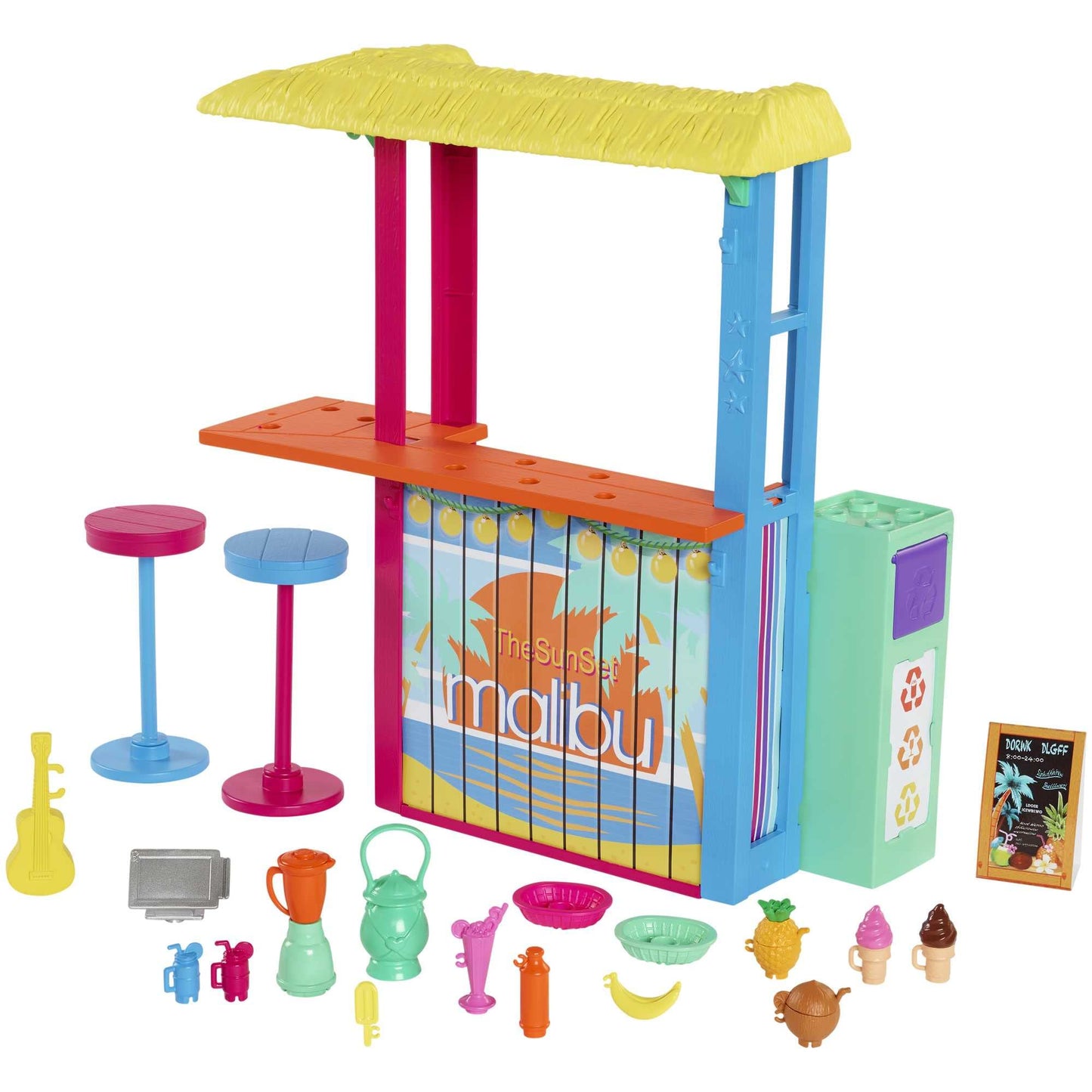 Barbie- Chiosco da Spiaggia di Malibù con 2 Sedute per Bambole e Tanti Accessori, Giocattolo per Bambini 3+Anni, GYG23