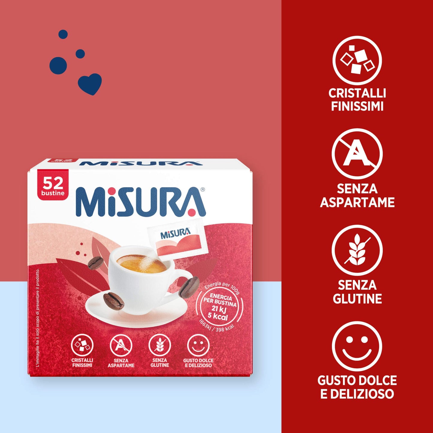 Misura Dolcificante in Bustine, Dolcificante Senza Glutine, Senza Aspartame, Basso Contenuto Calorico, Pratica Confezione per casa e ufficio, 52 Bustine