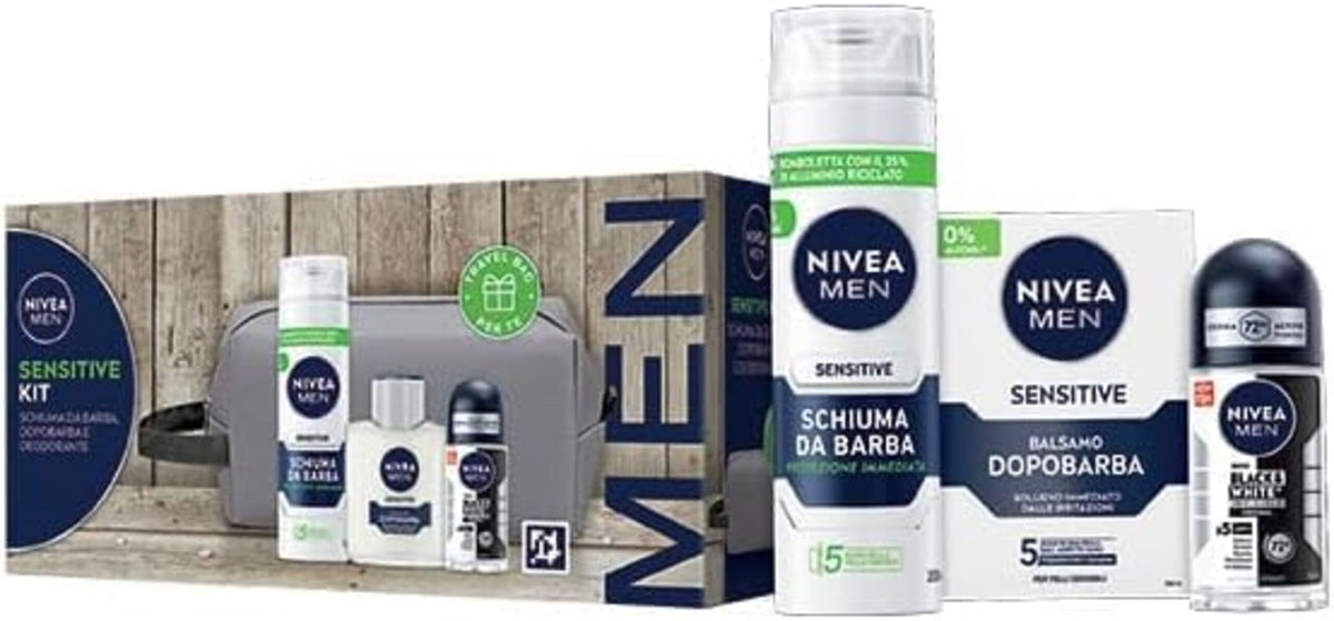 NIVEA MEN Sensitive Kit Cofanetto Regalo Uomo, Set regalo con Schiuma da Barba 200 ml, Balsamo Dopobarba 100 ml, Deodorante uomo Black & White 50 ml e Travel Bag omaggio inclusa