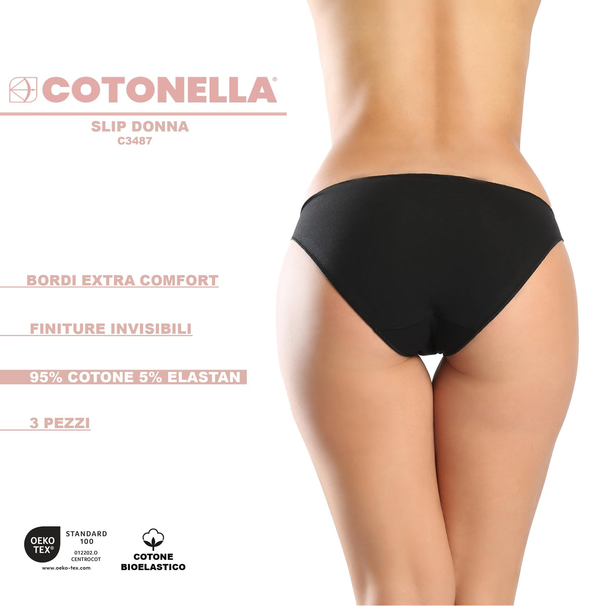 Cotonella, Mini Slip Donna Finiture Invisibili Cotone bielastico - Confezione da 3 Pezzi - Art. 3487K3