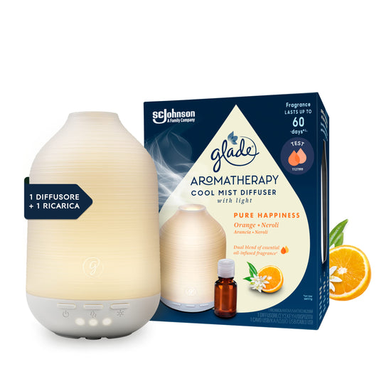 Glade Aromatherapy Diffusore di Oli Essenziali, Fragranza Pure Happiness Arancia e Neroli, 1 Confezione da 1 Base e 1 Ricarica