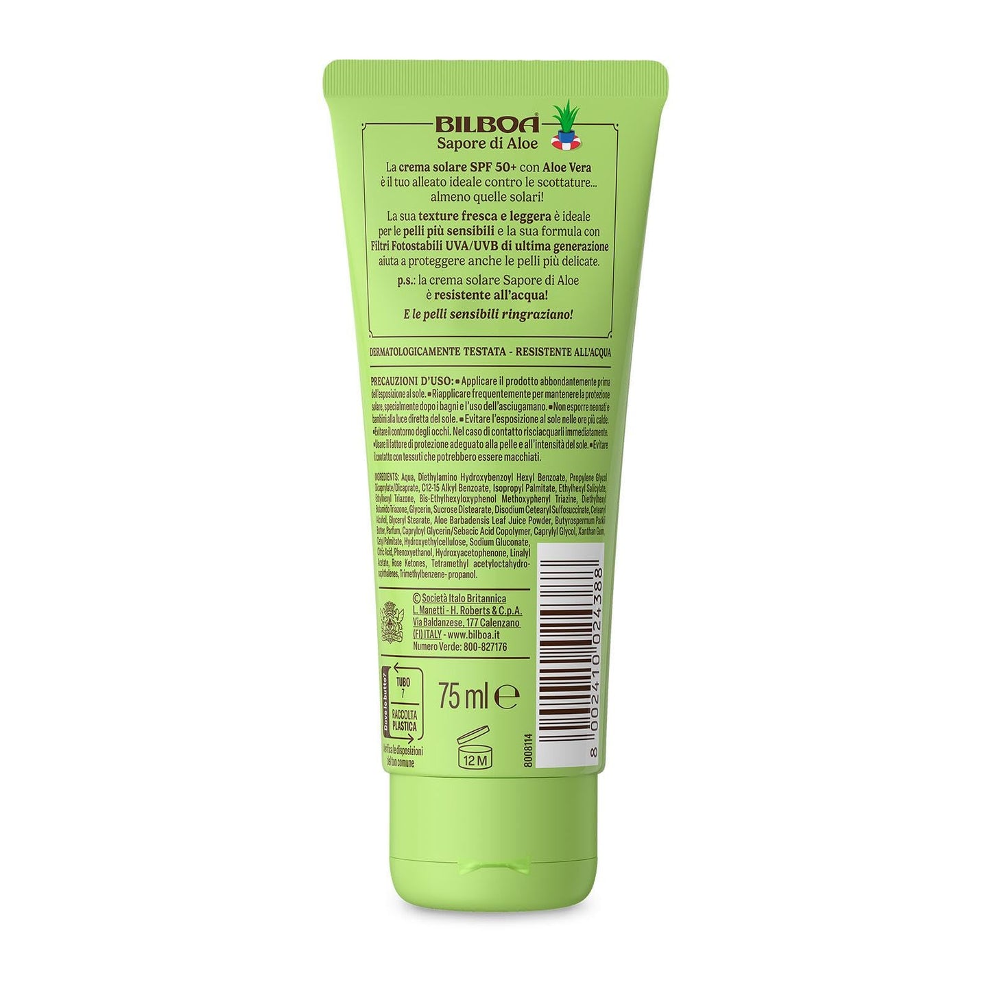 Bilboa In Viaggio, Sapore di Aloe Crema Solare SPF 50+, Con Aloe Vera, Musica per Pelli Sensibili, Resistente all'Acqua, Dermatologicamente testata, 75 ml