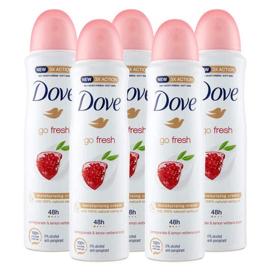 5x Dove Deodorante Go Fresh Melograno ed Erba Cedrina 0% Alcol Anti-Traspirante - 5 Deodoranti Spray da 150ml