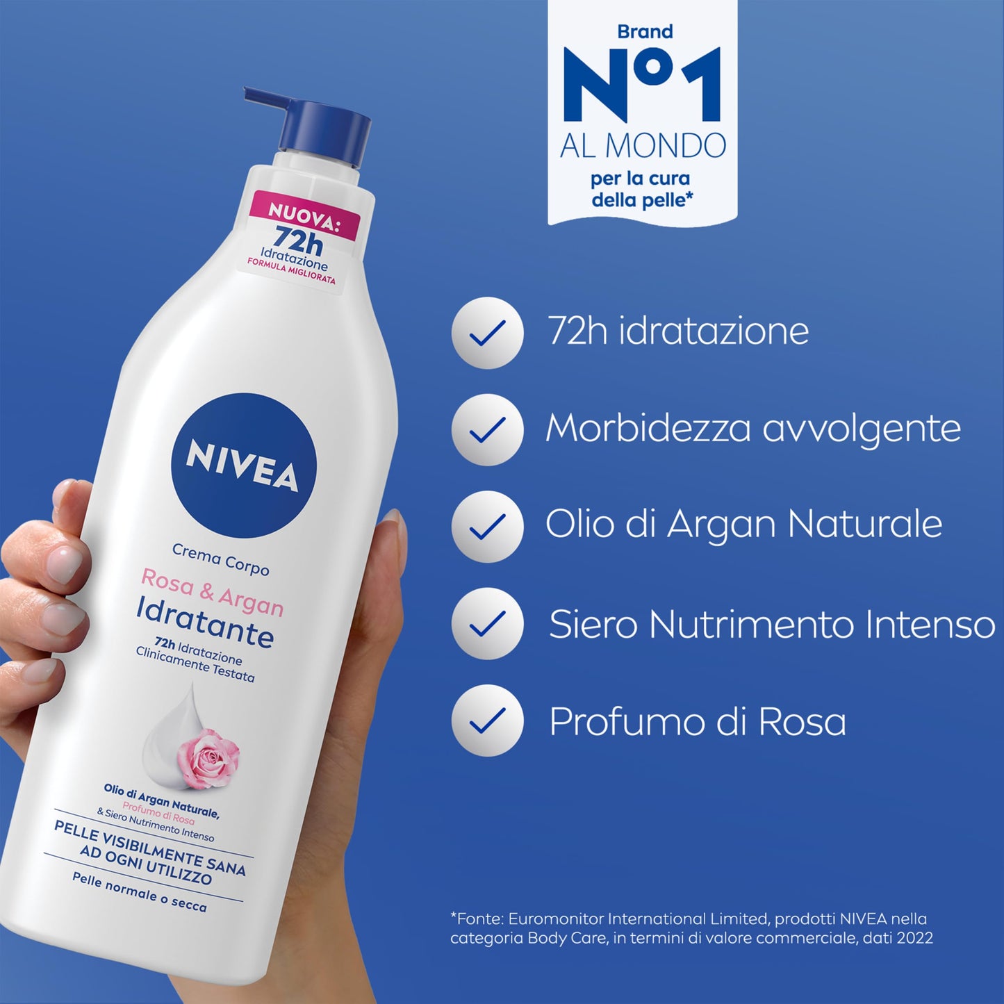 NIVEA Crema Corpo Idratante Rosa & Argan 500 ml, Crema idratante corpo 72h, Crema corpo profumata con Acido Ialuronico Puro e Siero Nutrimento Intenso, Crema corpo idratante pelle secca o normale