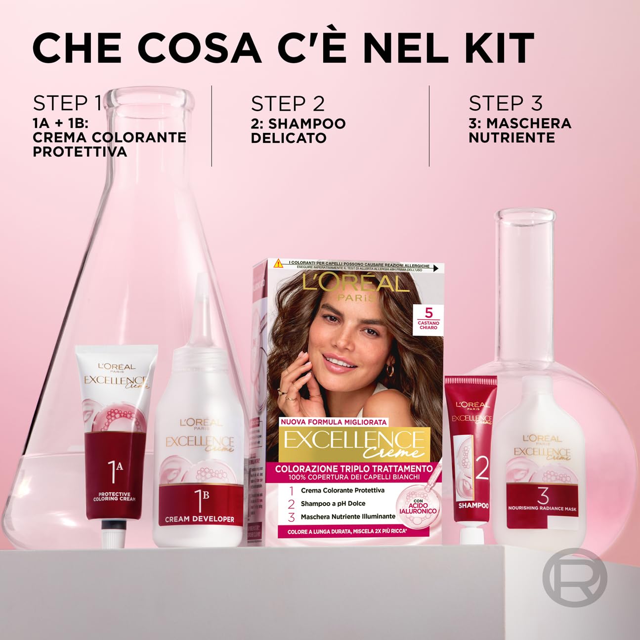 L’Oréal Paris Colorazione Triplo Trattamento Excellence, Con Acido Ialuronico, 100% Copertura Capelli Bianchi, Per Capelli Più Idratati, Marron Glacé (5,15)