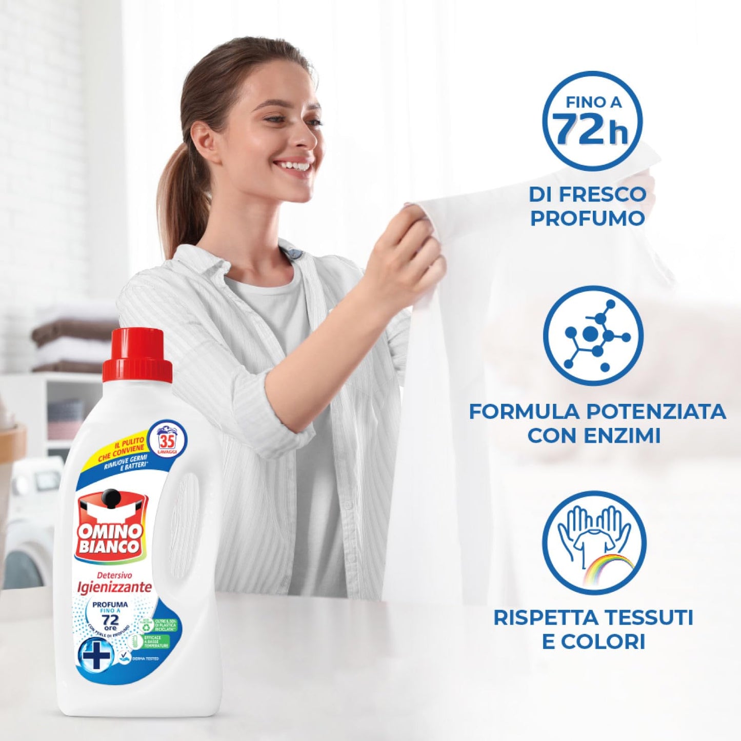 Omino Bianco - Detersivo Lavatrice Igienizzante Liquido, Igienizza i Capi e Rimuove Germi e Batteri, 35 Lavaggi, 1400 ml x 4 Flaconi