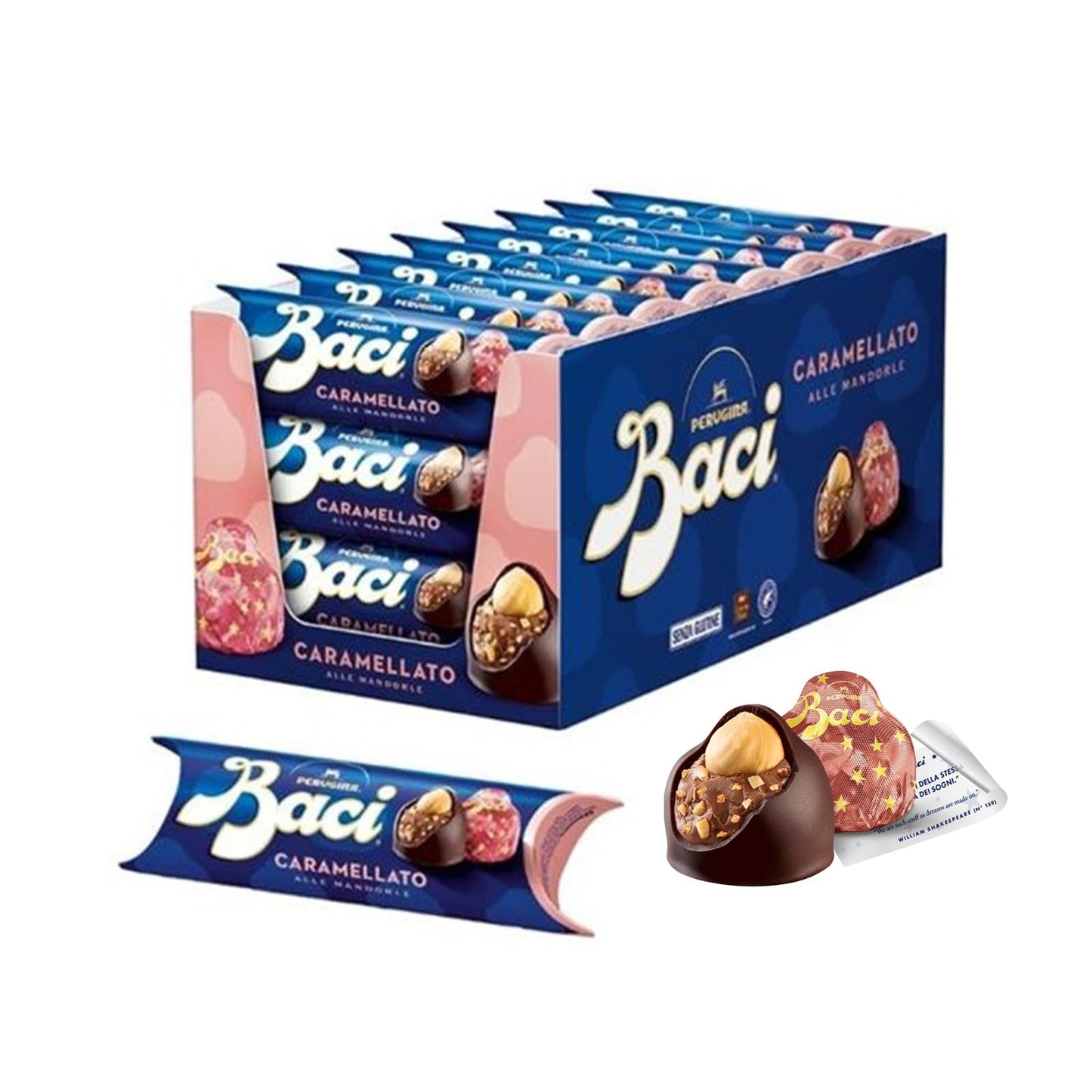 Baci Perugina Caramellato alle Mandorle Espositore da 21 Tubi x 37,5 gr (787,5g) Cioccolatini Senza Glutine Con Morbido Cuore al Gianduia con Granella di Mandorle Caramellate