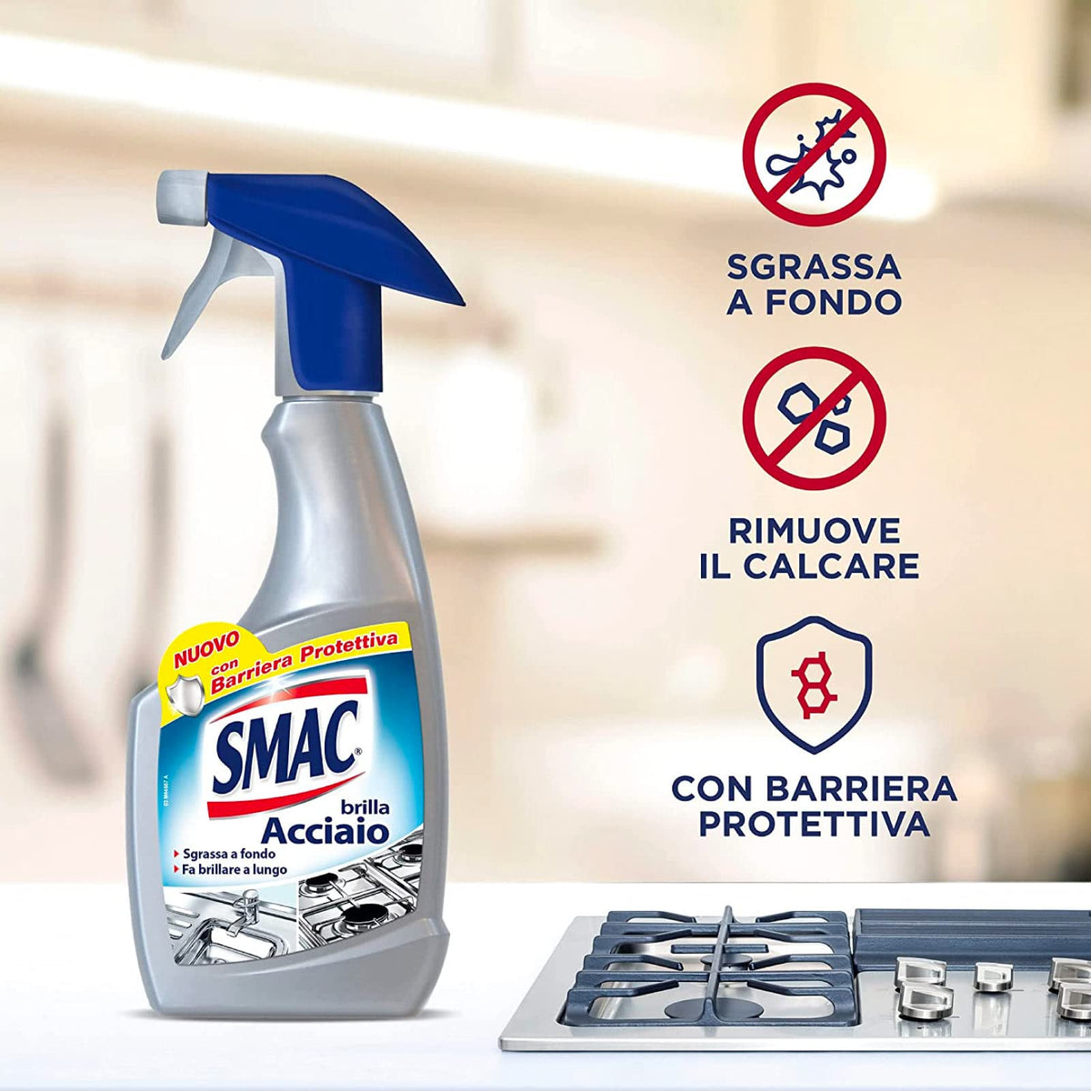 Smac - Brilla Acciaio, Detergente Spray, Azione Anticalcare e Lucidante, con Barriera Protettiva, 520 ml x 4 Pezzi