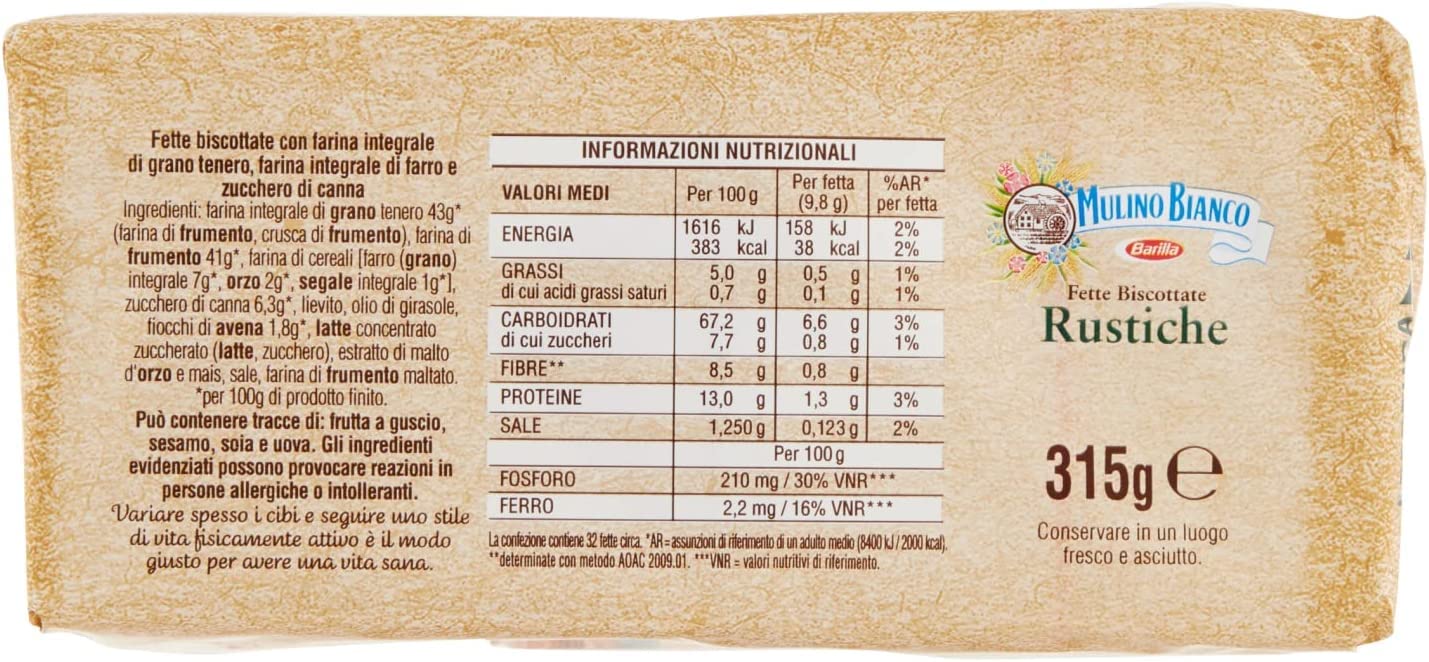 6 x Mulino Bianco Fette biscottate Le rustiche 315g con farro cipolla rosso