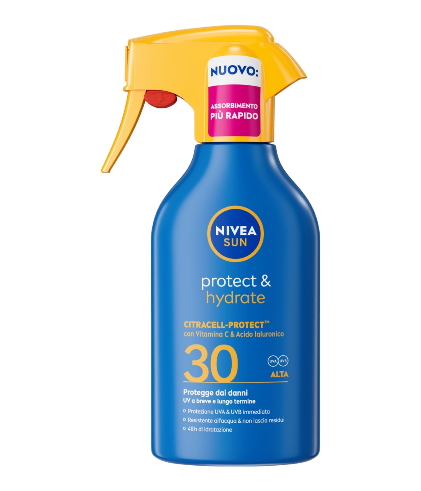 NIVEA SUN Protect & Hydrate Maxi Spray Solare SPF 30 270 ml, Crema solare 30 spray idratante 48h ad assorbimento rapido, Protezione solare 30 resistente all'acqua con Vitamina C e Acido Ialuronico