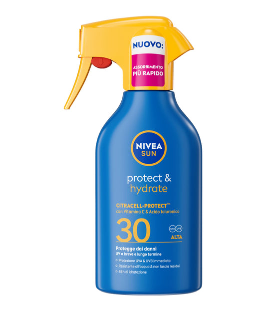NIVEA SUN Protect & Hydrate Maxi Spray Solare SPF 30 270 ml, Crema solare 30 spray idratante 48h ad assorbimento rapido, Protezione solare 30 resistente all'acqua con Vitamina C e Acido Ialuronico