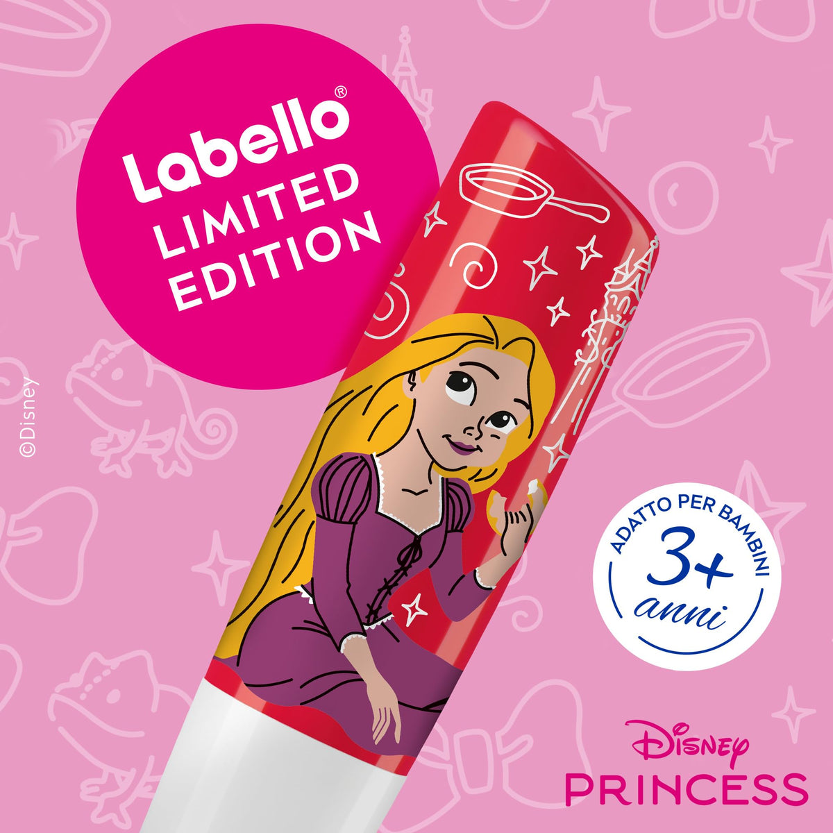 Labello Disney Princess Limited Edition Strawberry Shine 4.8 g, Balsamo labbra colorato con design con Rapunzel, Burrocacao bambina 3+ idratante 24h, Burrocacao labbra lip balm con aroma di Fragola