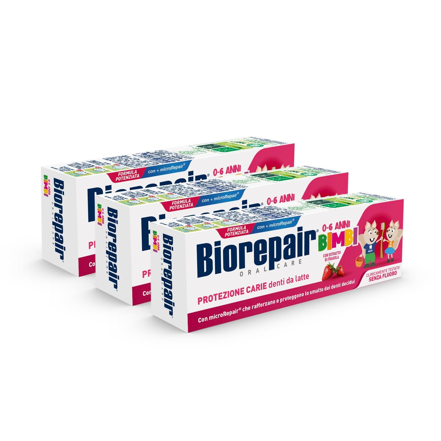 Biorepair, Dentifricio Bimbi 0-6 anni, 3 Confezioni, Dentifricio Biorepair per Bambini Senza Fluoro Gusto Fragola, Anticarie, per Gengive Sane, 50 ml